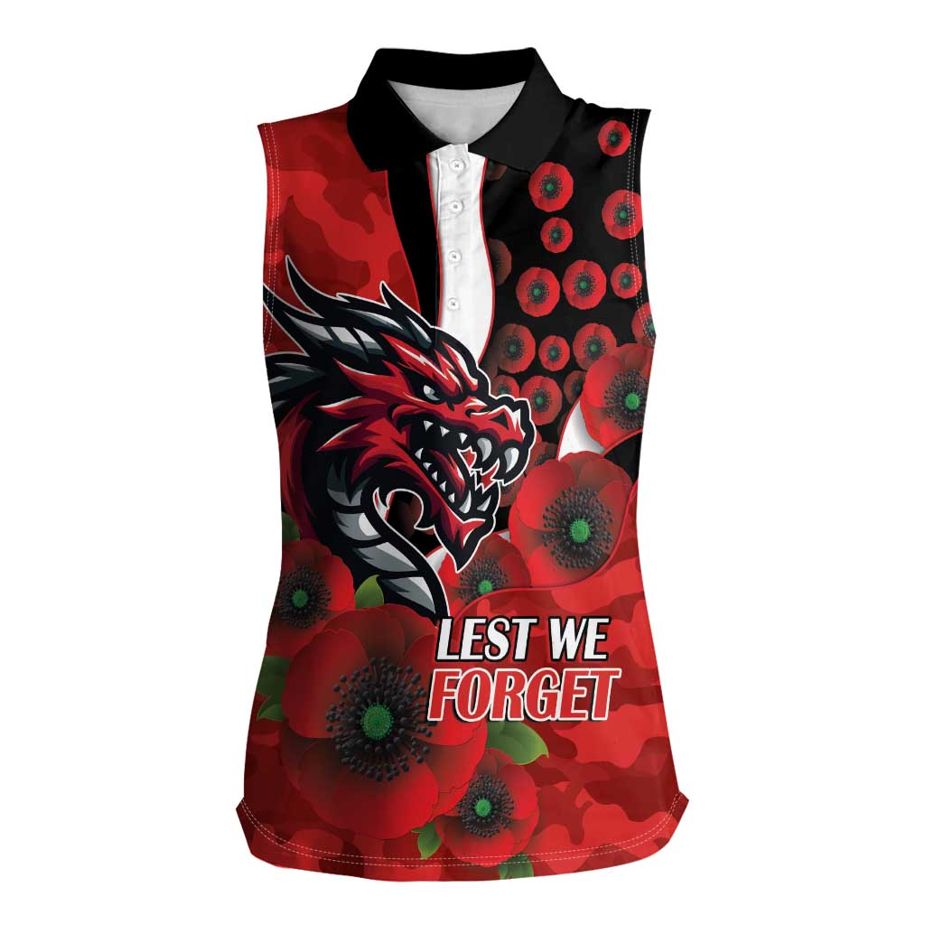 St George Illawarra Dragons ANZAC Personalised Women Sleeveless Polo Shirt Lest We Forget Poppy Camo