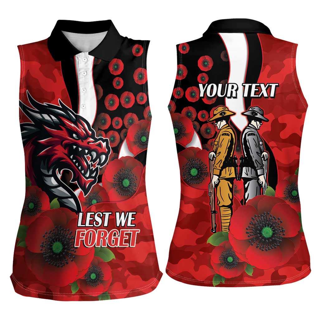 St George Illawarra Dragons ANZAC Personalised Women Sleeveless Polo Shirt Lest We Forget Poppy Camo
