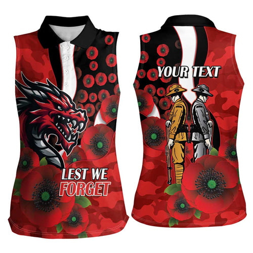St George Illawarra Dragons ANZAC Personalised Women Sleeveless Polo Shirt Lest We Forget Poppy Camo