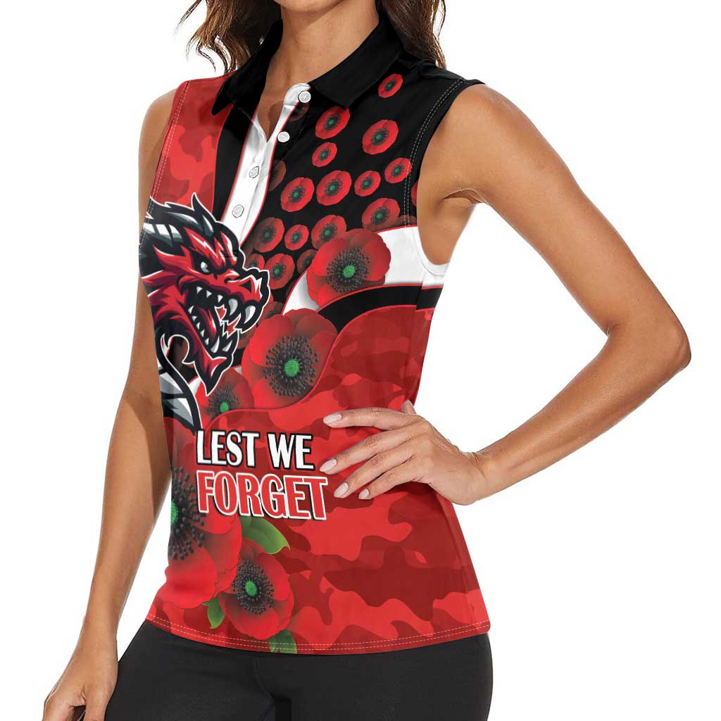 St George Illawarra Dragons ANZAC Personalised Women Sleeveless Polo Shirt Lest We Forget Poppy Camo