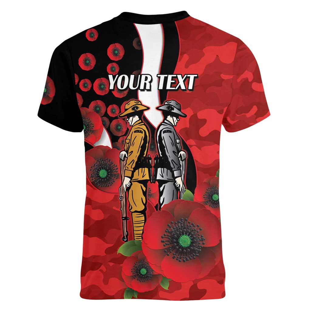 St George Illawarra Dragons ANZAC Personalised Women V-Neck T-Shirt Lest We Forget Poppy Camo