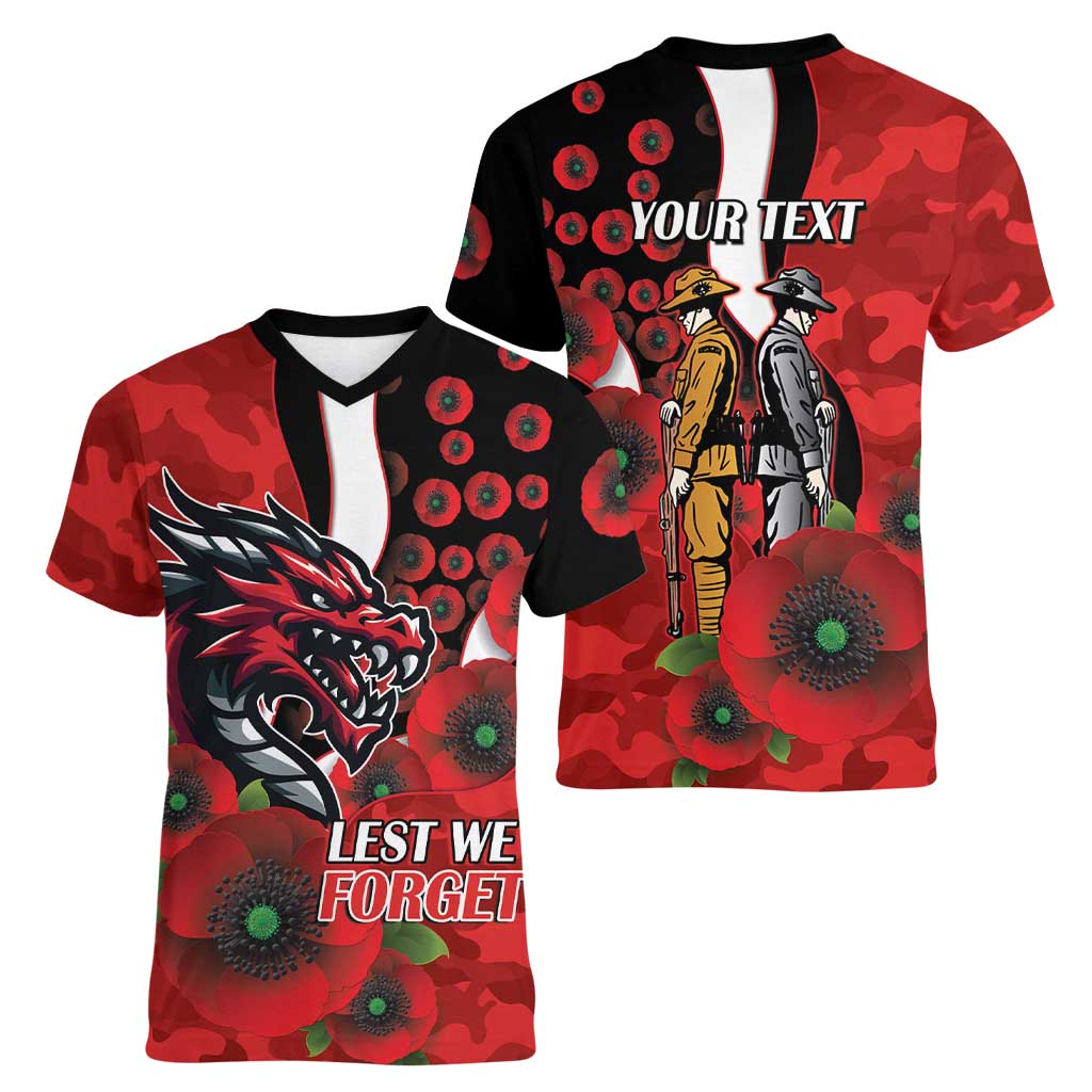 St George Illawarra Dragons ANZAC Personalised Women V-Neck T-Shirt Lest We Forget Poppy Camo