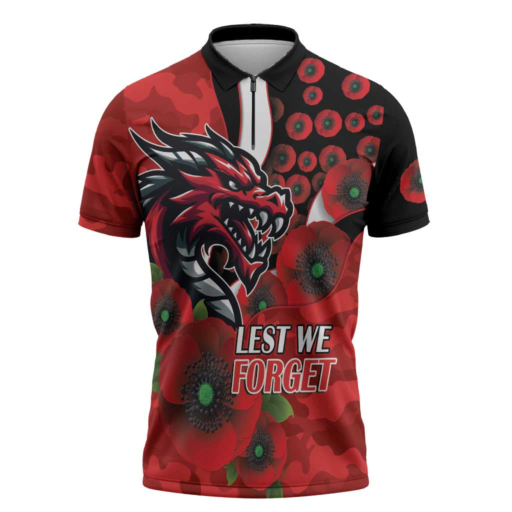 St George Illawarra Dragons ANZAC Personalised Zipper Polo Shirt Lest We Forget Poppy Camo