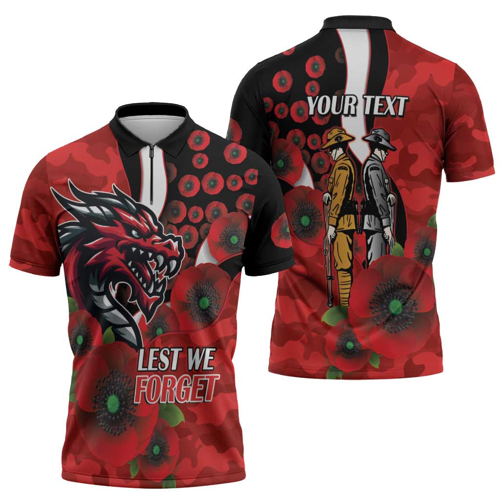 St George Illawarra Dragons ANZAC Personalised Zipper Polo Shirt Lest We Forget Poppy Camo
