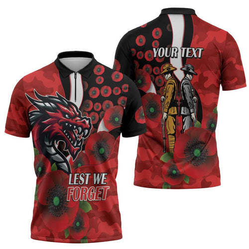 St George Illawarra Dragons ANZAC Personalised Zipper Polo Shirt Lest We Forget Poppy Camo