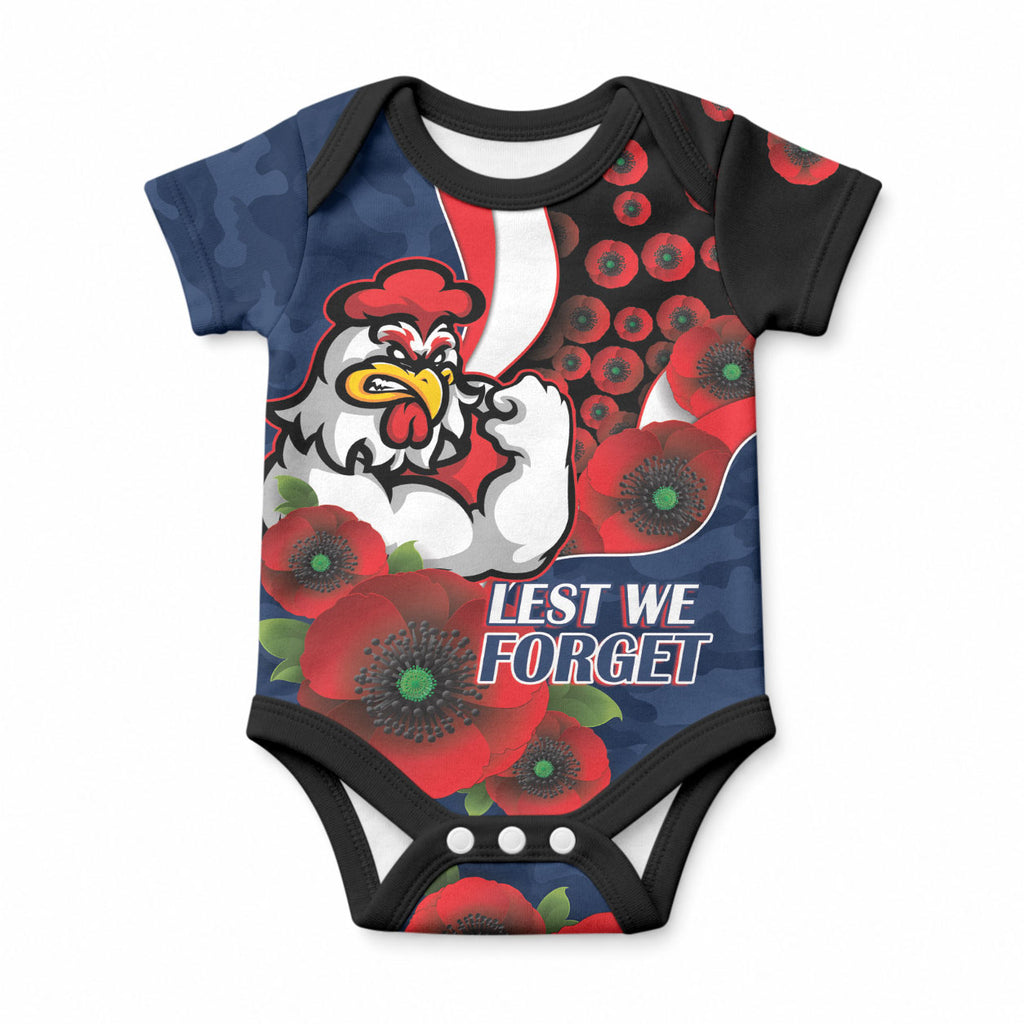 Sydney Roosters ANZAC Personalised Baby Onesie Lest We Forget Poppy Camo