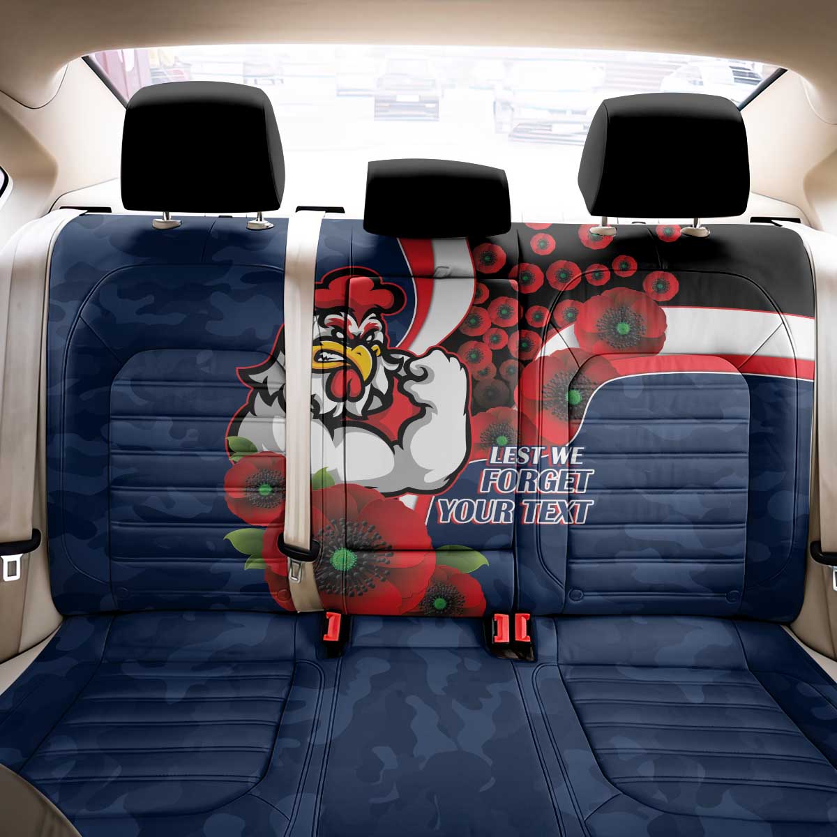 Sydney Roosters ANZAC Personalised Back Car Seat Cover Lest We Forget Poppy Camo