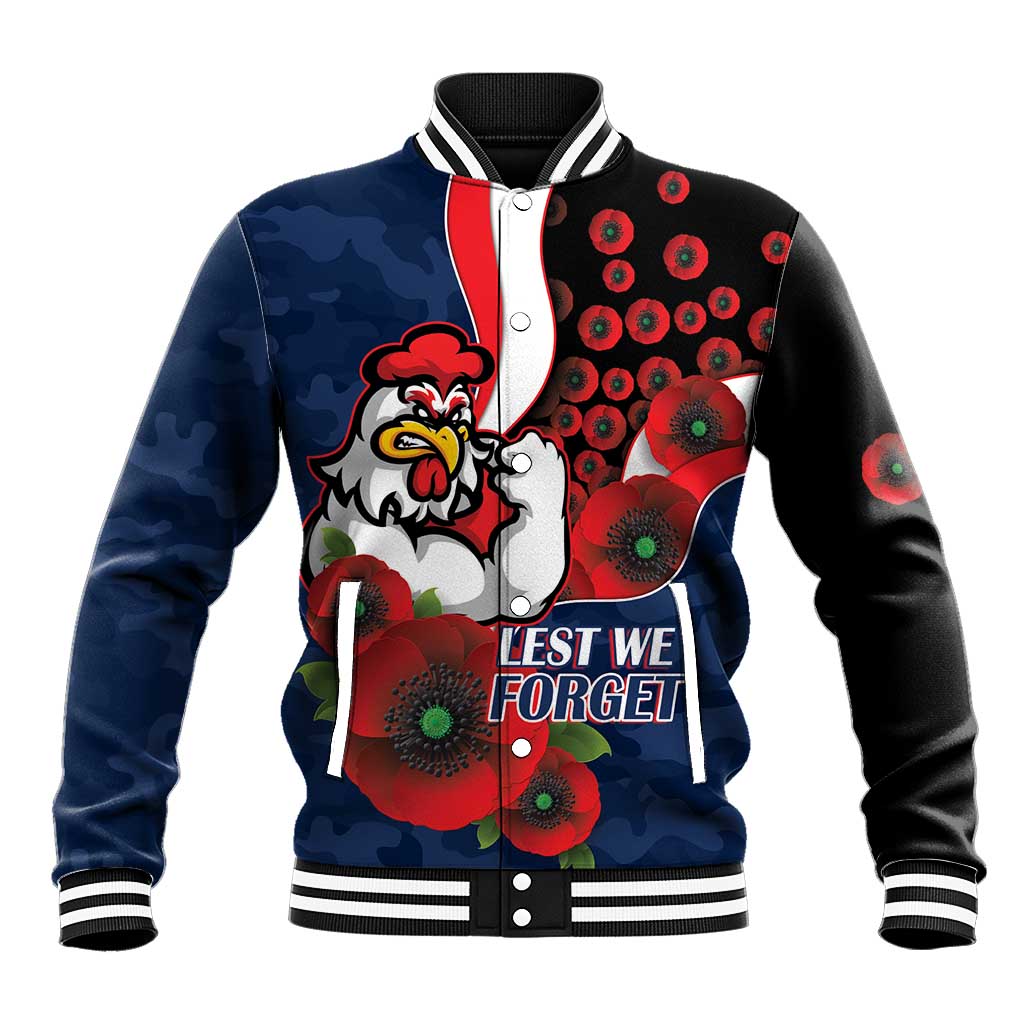 Sydney Roosters ANZAC Personalised Baseball Jacket Lest We Forget Poppy Camo