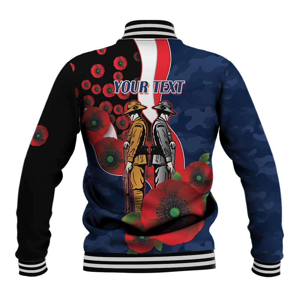Sydney Roosters ANZAC Personalised Baseball Jacket Lest We Forget Poppy Camo