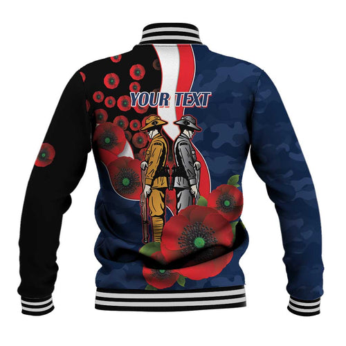 Sydney Roosters ANZAC Personalised Baseball Jacket Lest We Forget Poppy Camo
