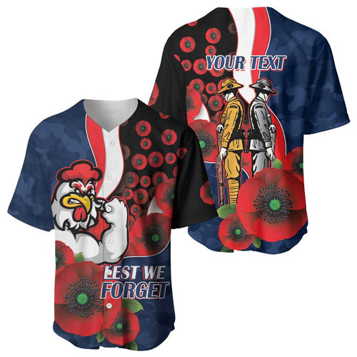 Sydney Roosters ANZAC Personalised Baseball Jersey Lest We Forget Poppy Camo