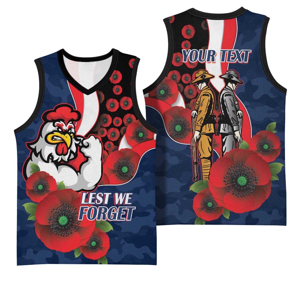 Sydney Roosters ANZAC Personalised Basketball Jersey Lest We Forget Poppy Camo