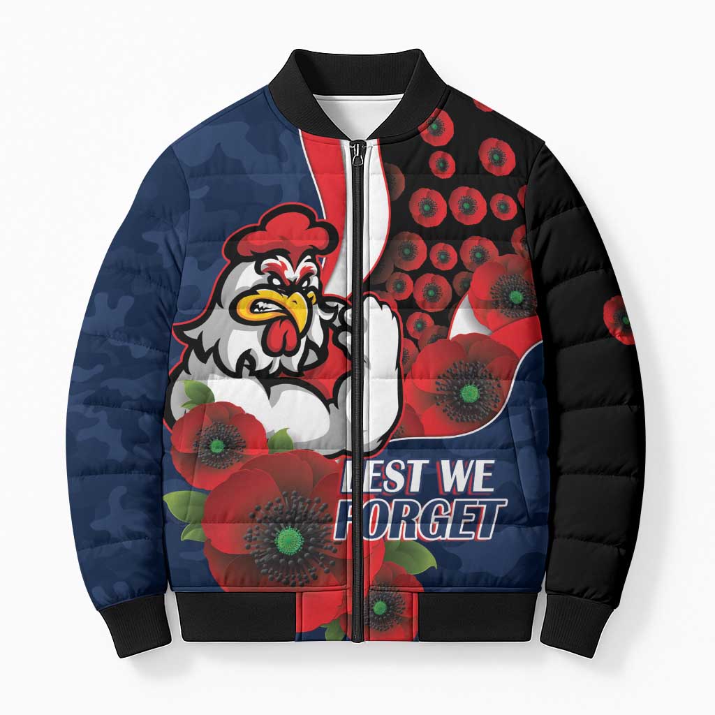 Sydney Roosters ANZAC Personalised Bomber Puffer Jacket Lest We Forget Poppy Camo