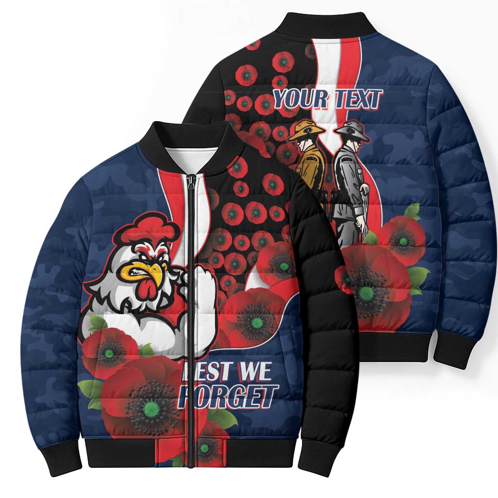 Sydney Roosters ANZAC Personalised Bomber Puffer Jacket Lest We Forget Poppy Camo