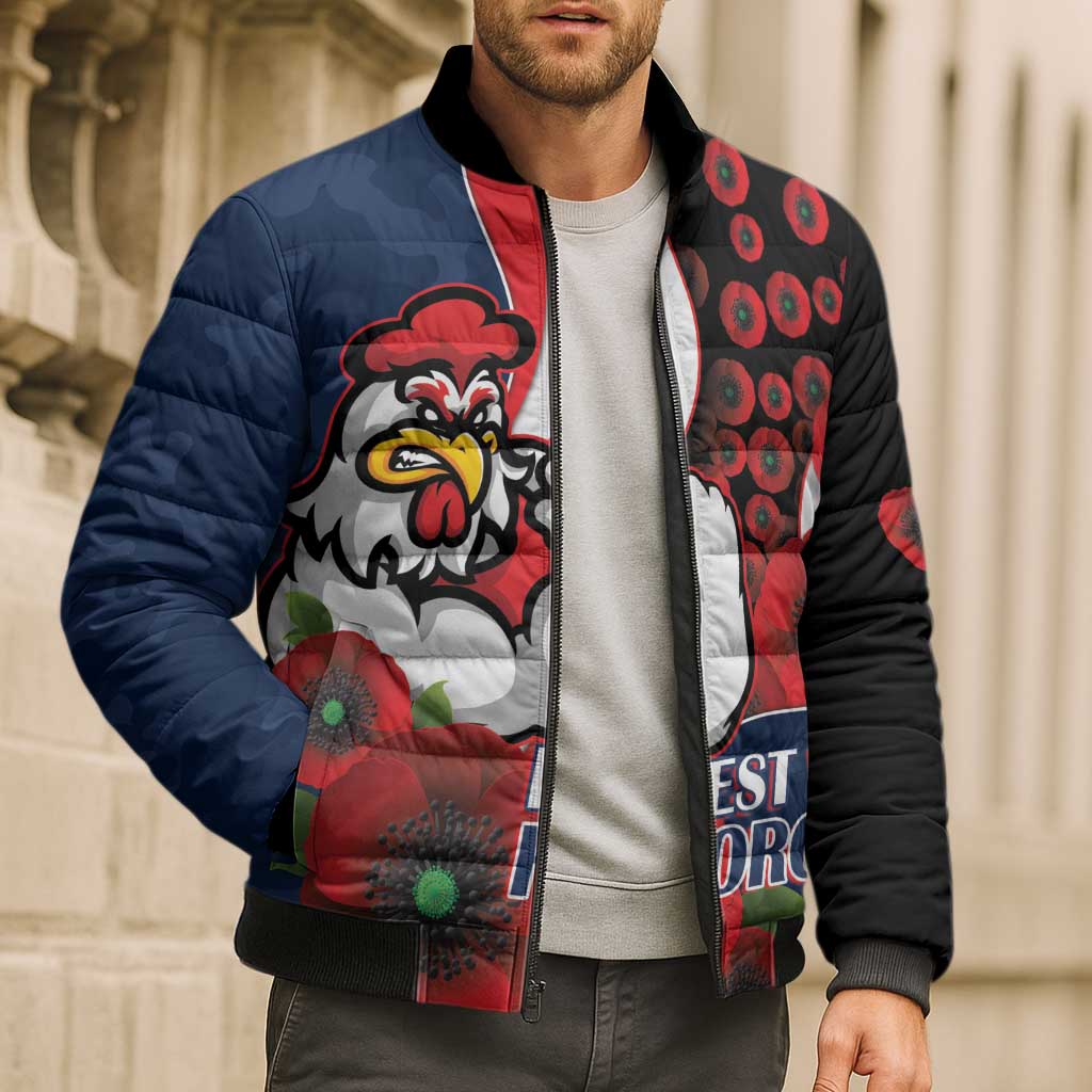 Sydney Roosters ANZAC Personalised Bomber Puffer Jacket Lest We Forget Poppy Camo