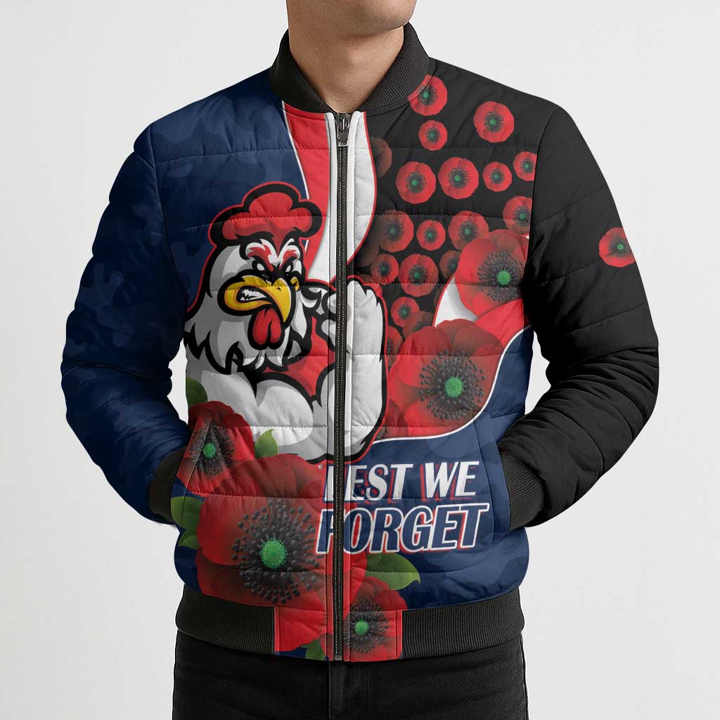 Sydney Roosters ANZAC Personalised Bomber Puffer Jacket Lest We Forget Poppy Camo