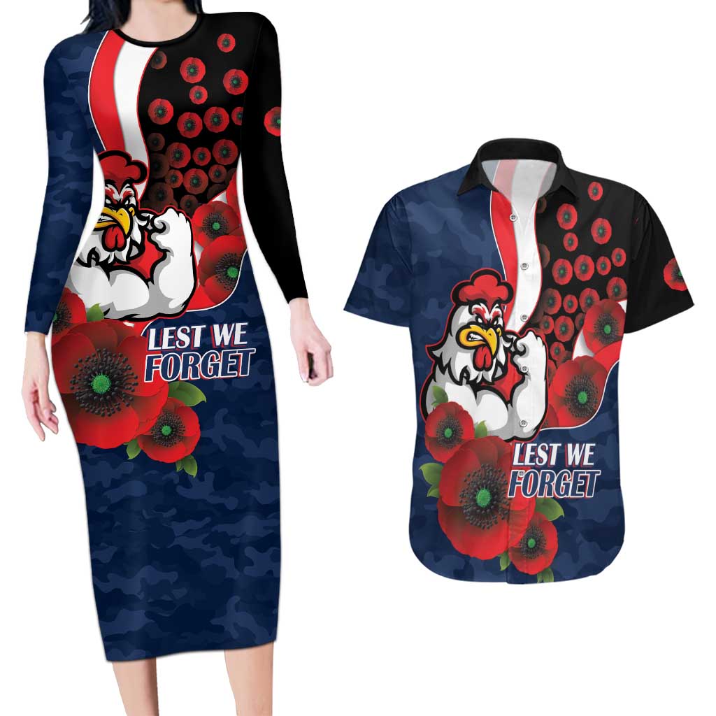 Sydney Roosters ANZAC Personalised Couples Matching Long Sleeve Bodycon Dress and Hawaiian Shirt Lest We Forget Poppy Camo