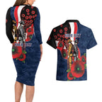 Sydney Roosters ANZAC Personalised Couples Matching Long Sleeve Bodycon Dress and Hawaiian Shirt Lest We Forget Poppy Camo