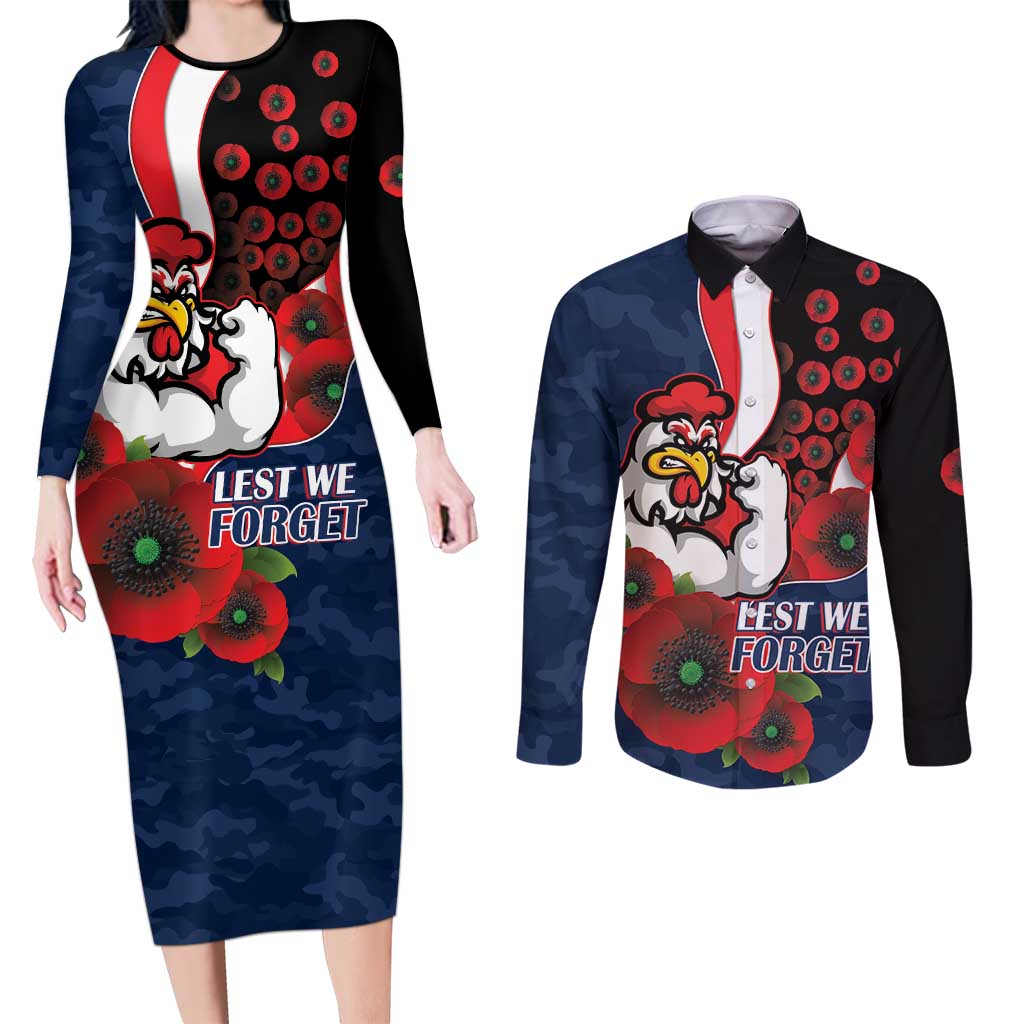 Sydney Roosters ANZAC Personalised Couples Matching Long Sleeve Bodycon Dress and Long Sleeve Button Shirt Lest We Forget Poppy Camo