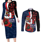 Sydney Roosters ANZAC Personalised Couples Matching Long Sleeve Bodycon Dress and Long Sleeve Button Shirt Lest We Forget Poppy Camo