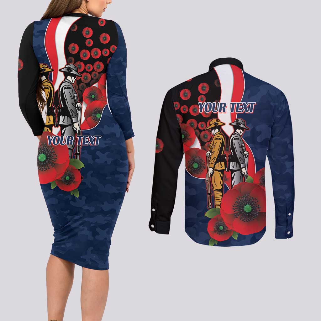 Sydney Roosters ANZAC Personalised Couples Matching Long Sleeve Bodycon Dress and Long Sleeve Button Shirt Lest We Forget Poppy Camo