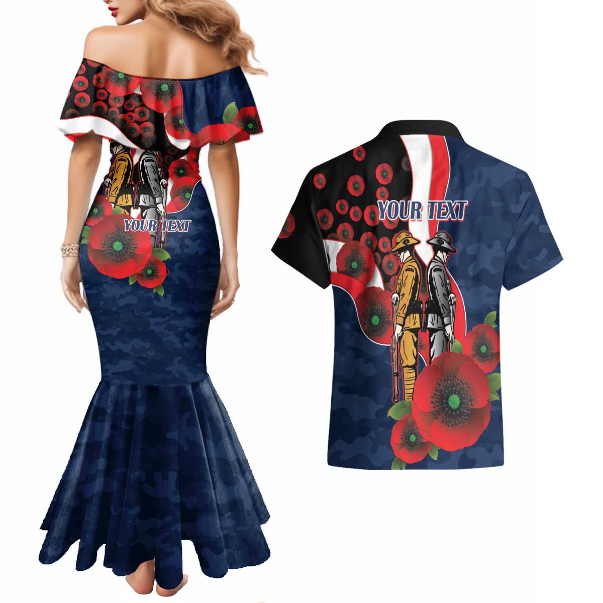 Sydney Roosters ANZAC Personalised Couples Matching Mermaid Dress and Hawaiian Shirt Lest We Forget Poppy Camo