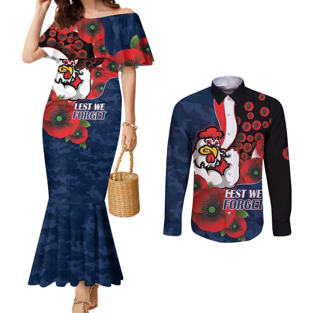 Sydney Roosters ANZAC Personalised Couples Matching Mermaid Dress and Long Sleeve Button Shirt Lest We Forget Poppy Camo