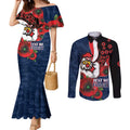 Sydney Roosters ANZAC Personalised Couples Matching Mermaid Dress and Long Sleeve Button Shirt Lest We Forget Poppy Camo