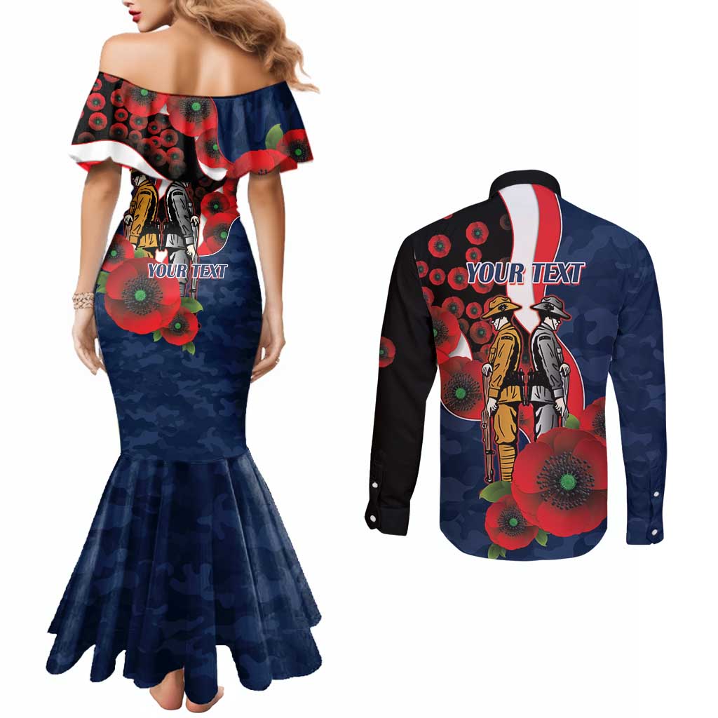 Sydney Roosters ANZAC Personalised Couples Matching Mermaid Dress and Long Sleeve Button Shirt Lest We Forget Poppy Camo