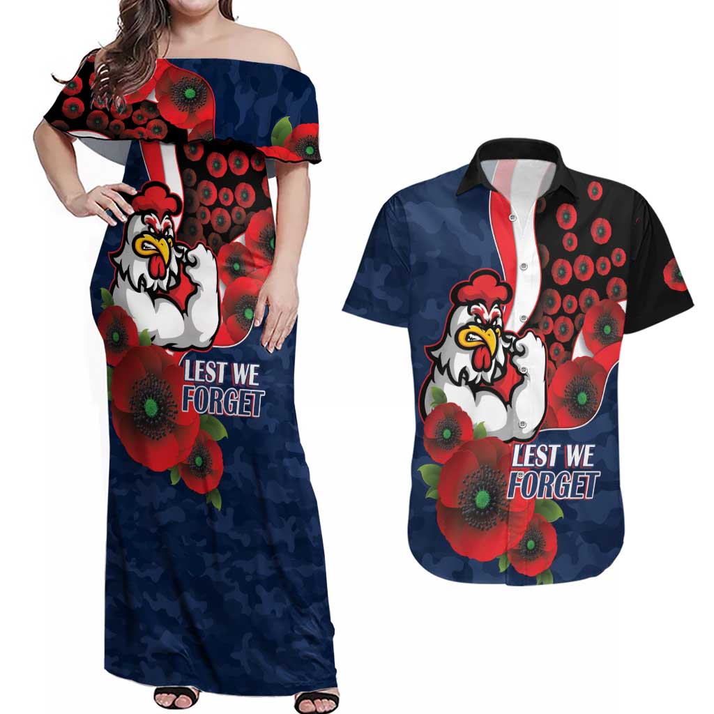Sydney Roosters ANZAC Personalised Couples Matching Off Shoulder Maxi Dress and Hawaiian Shirt Lest We Forget Poppy Camo