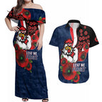 Sydney Roosters ANZAC Personalised Couples Matching Off Shoulder Maxi Dress and Hawaiian Shirt Lest We Forget Poppy Camo