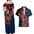 Sydney Roosters ANZAC Personalised Couples Matching Off Shoulder Maxi Dress and Hawaiian Shirt Lest We Forget Poppy Camo