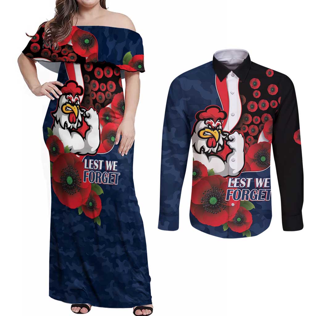 Sydney Roosters ANZAC Personalised Couples Matching Off Shoulder Maxi Dress and Long Sleeve Button Shirt Lest We Forget Poppy Camo