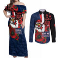 Sydney Roosters ANZAC Personalised Couples Matching Off Shoulder Maxi Dress and Long Sleeve Button Shirt Lest We Forget Poppy Camo