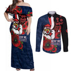 Sydney Roosters ANZAC Personalised Couples Matching Off Shoulder Maxi Dress and Long Sleeve Button Shirt Lest We Forget Poppy Camo