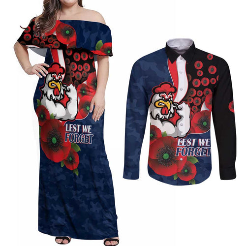 Sydney Roosters ANZAC Personalised Couples Matching Off Shoulder Maxi Dress and Long Sleeve Button Shirt Lest We Forget Poppy Camo
