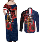 Sydney Roosters ANZAC Personalised Couples Matching Off Shoulder Maxi Dress and Long Sleeve Button Shirt Lest We Forget Poppy Camo