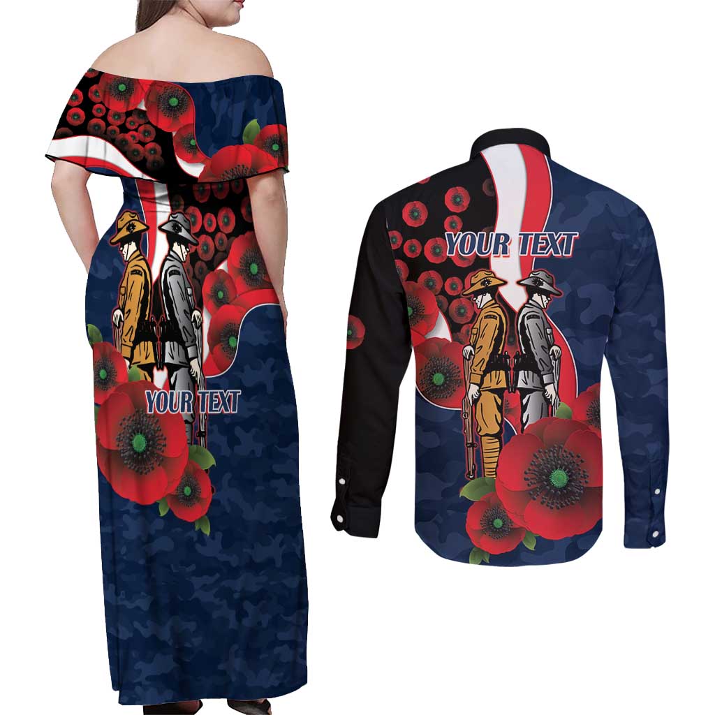 Sydney Roosters ANZAC Personalised Couples Matching Off Shoulder Maxi Dress and Long Sleeve Button Shirt Lest We Forget Poppy Camo
