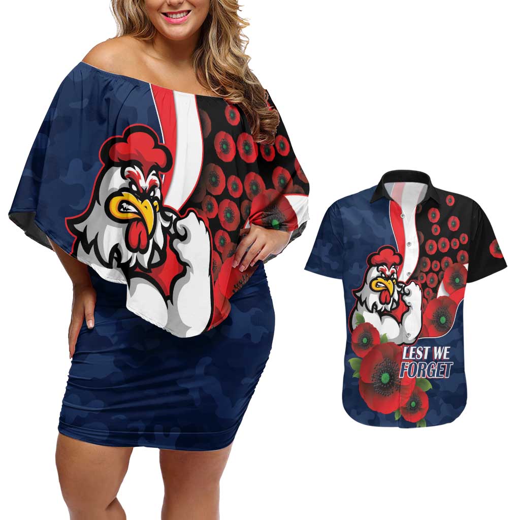 Sydney Roosters ANZAC Personalised Couples Matching Off Shoulder Short Dress and Hawaiian Shirt Lest We Forget Poppy Camo