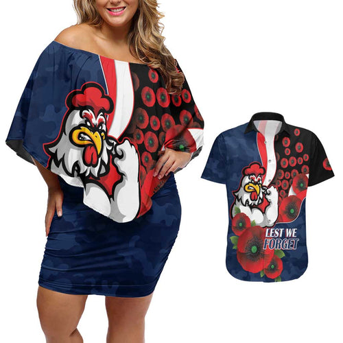 Sydney Roosters ANZAC Personalised Couples Matching Off Shoulder Short Dress and Hawaiian Shirt Lest We Forget Poppy Camo