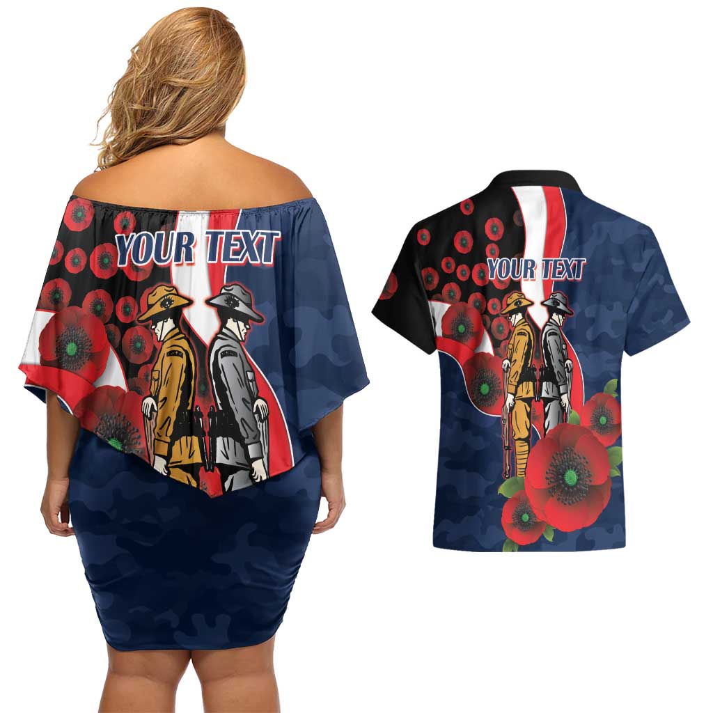 Sydney Roosters ANZAC Personalised Couples Matching Off Shoulder Short Dress and Hawaiian Shirt Lest We Forget Poppy Camo