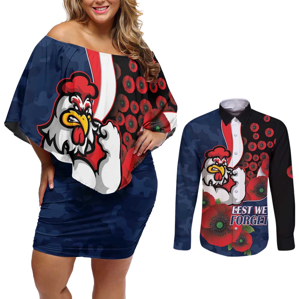 Sydney Roosters ANZAC Personalised Couples Matching Off Shoulder Short Dress and Long Sleeve Button Shirt Lest We Forget Poppy Camo