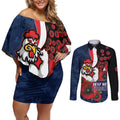 Sydney Roosters ANZAC Personalised Couples Matching Off Shoulder Short Dress and Long Sleeve Button Shirt Lest We Forget Poppy Camo