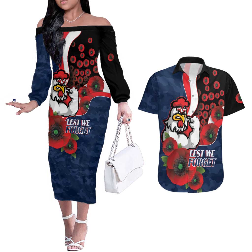 Sydney Roosters ANZAC Personalised Couples Matching Off The Shoulder Long Sleeve Dress and Hawaiian Shirt Lest We Forget Poppy Camo