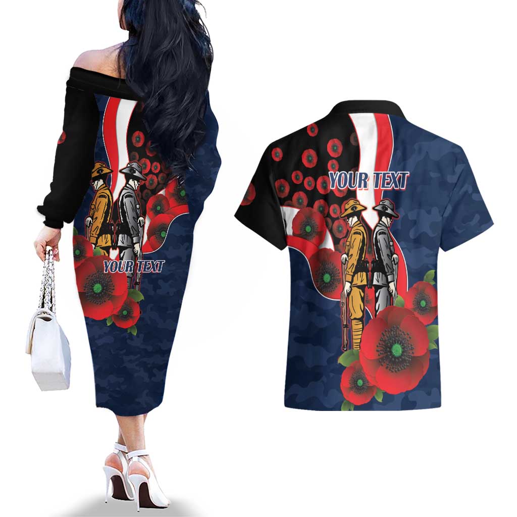 Sydney Roosters ANZAC Personalised Couples Matching Off The Shoulder Long Sleeve Dress and Hawaiian Shirt Lest We Forget Poppy Camo