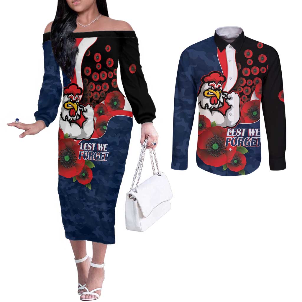 Sydney Roosters ANZAC Personalised Couples Matching Off The Shoulder Long Sleeve Dress and Long Sleeve Button Shirt Lest We Forget Poppy Camo