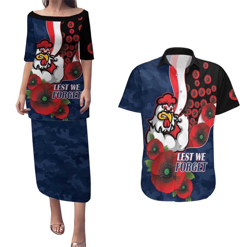 Sydney Roosters ANZAC Personalised Couples Matching Puletasi and Hawaiian Shirt Lest We Forget Poppy Camo