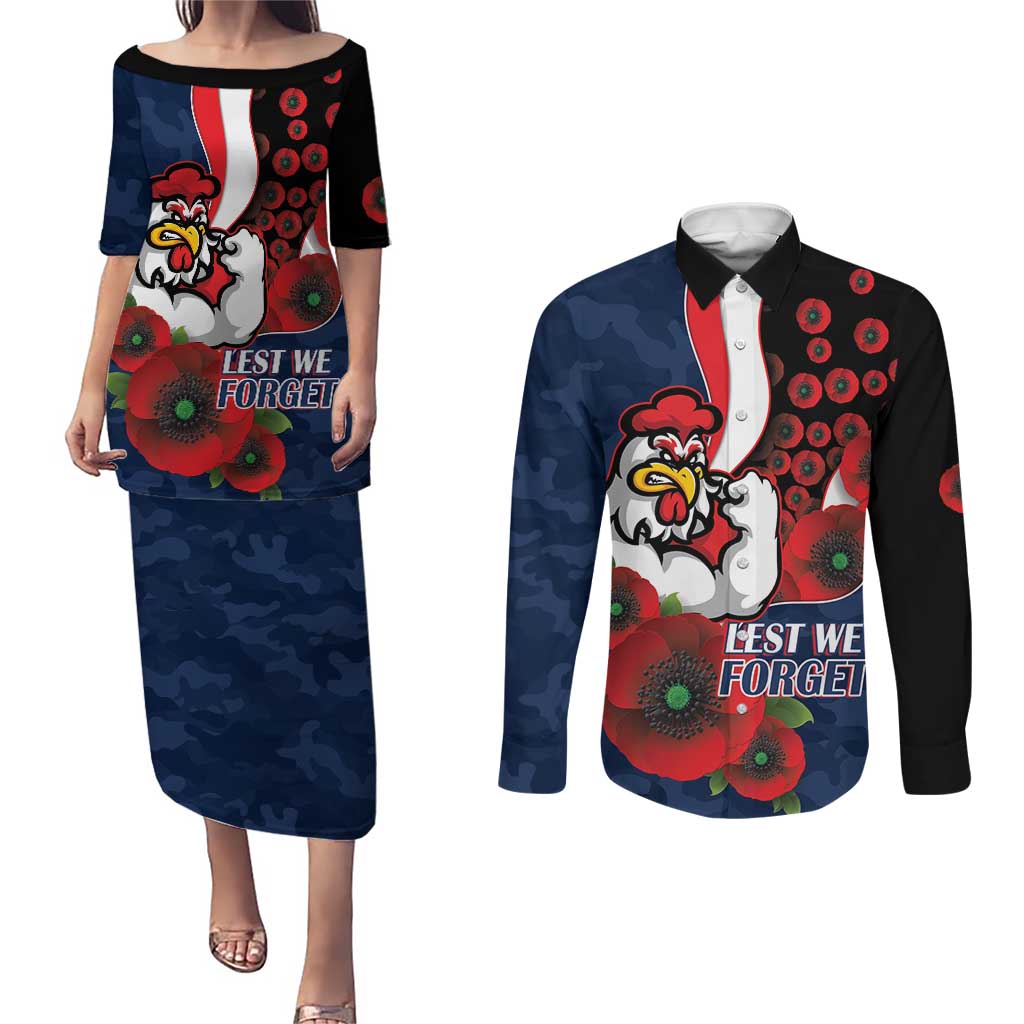 Sydney Roosters ANZAC Personalised Couples Matching Puletasi and Long Sleeve Button Shirt Lest We Forget Poppy Camo