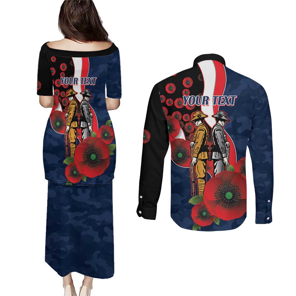 Sydney Roosters ANZAC Personalised Couples Matching Puletasi and Long Sleeve Button Shirt Lest We Forget Poppy Camo
