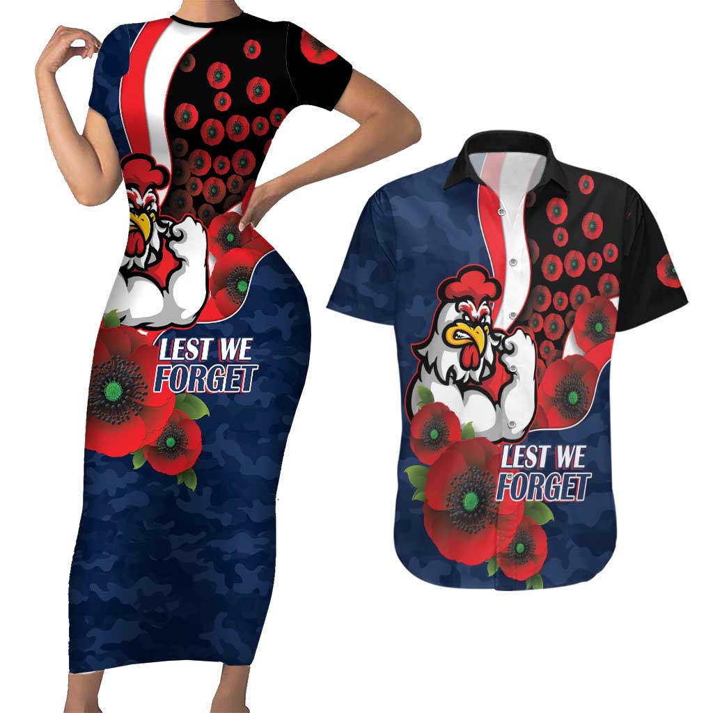 Sydney Roosters ANZAC Personalised Couples Matching Short Sleeve Bodycon Dress and Hawaiian Shirt Lest We Forget Poppy Camo